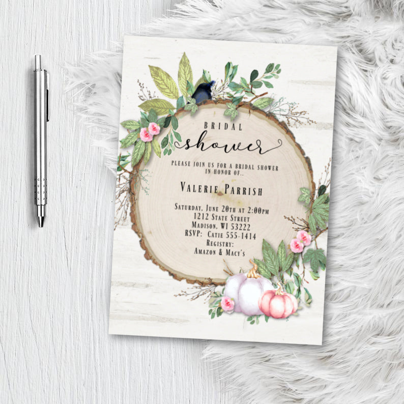 Pumpkin Baby Shower Invitation for boy - Halloween Fall Rustic Woodland Botanical Printed Invitations