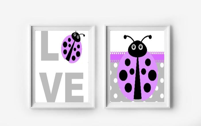 Purple Ladybug Wall Art Prints - Set of 2 - Girls Bedroom Pictures