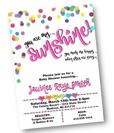 Rainbow Baby Shower Invitation Confetti You are my Sunshine Flyer