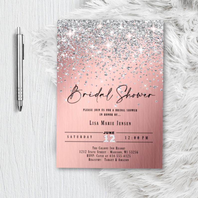 Rose Gold Bridal Shower Invitation, Miss to Mrs. Glitter Confetti Pink Blush Silver Sparkles Printed Wedding Invites