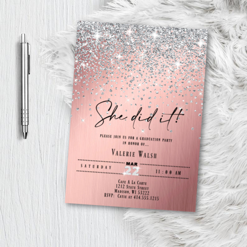 Rose Gold Graduation Invitation, 2021 Graduate Grad Invite Printed or Printable Option, Pink and Silver Glitter Sparkly Confetti Class of 2021 invitation