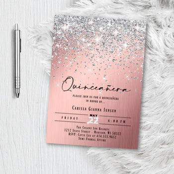 Rose Gold Quinceanera invitation, Sweet Fifteen 15 Invitation, Sweet Sixteen 16 Birthday Invite, Sweet 15 Pink Silver Sparkle Confetti Glitter Printed Invitations