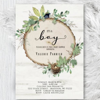 Rustic Baby Shower Invitation Greenery Botanical Boy Girl or Gender Neutral Bird with nest Woodland Invite - Baby Shower Invitation