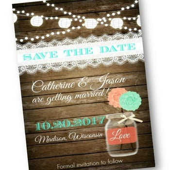 Rustic Mason Jar Save the Date Wedding Invitation Card Coral and Mint - Save the Date