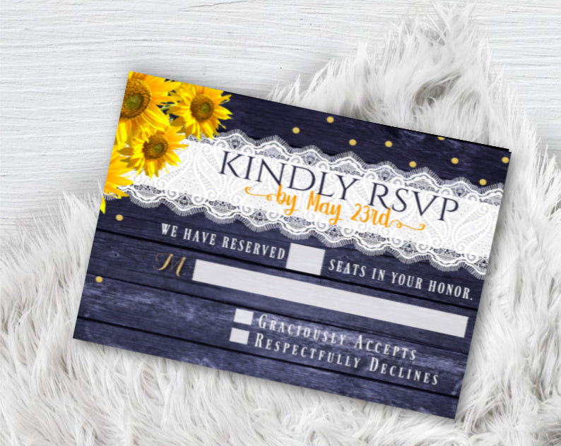 Sunflower Wedding Invitation Set with RSVP, Rustic Mason Jar, Floral Wood and Lace Country Barn Printed Yellow and Navy with Gold Invitations