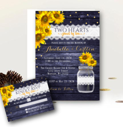 Sunflower Wedding Invitation Set with RSVP, Rustic Mason Jar, Floral Wood and Lace Country Barn Printed Yellow and Navy with Gold Invitations