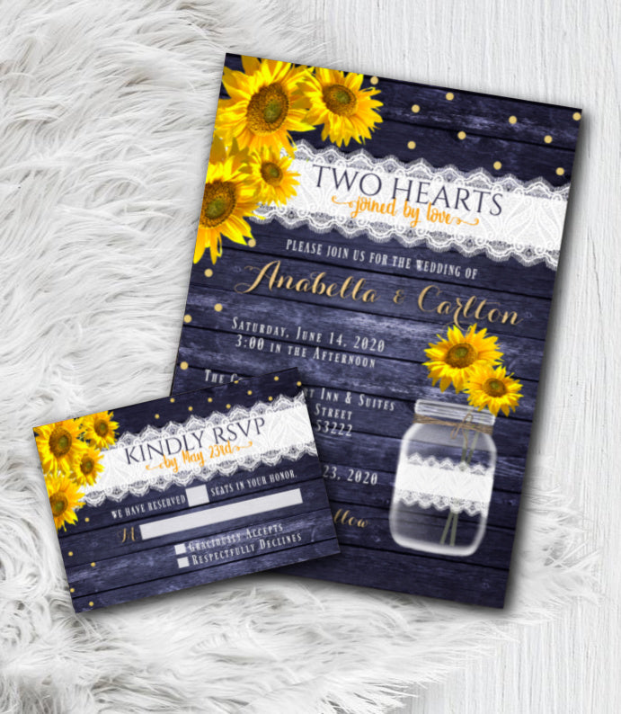Sunflower Wedding Invitation Set with RSVP, Rustic Mason Jar, Floral Wood and Lace Country Barn Printed Yellow and Navy with Gold Invitations