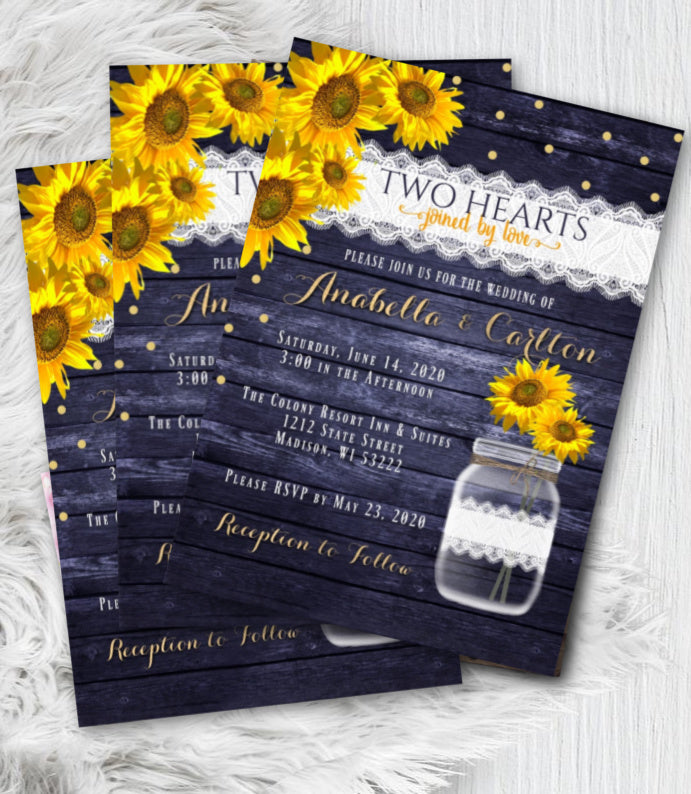 Sunflower Wedding Invitation Set with RSVP, Rustic Mason Jar, Floral Wood and Lace Country Barn Printed Yellow and Navy with Gold Invitations