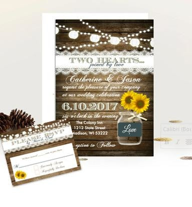 Sunflower Wood and Lace Rustic Mason Jar Wedding Invitation Suite with RSVP