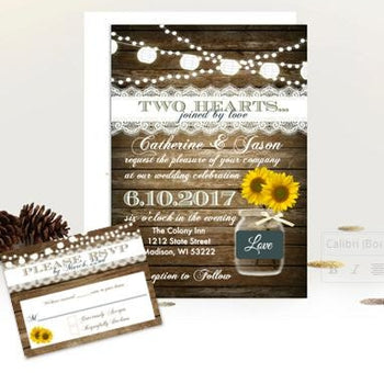 Sunflower Wood and Lace Rustic Mason Jar Wedding Invitation Suite with RSVP - Wedding Suite