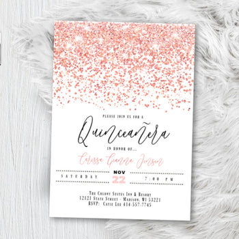 Rose Gold Quinceanera Invitation, Sweet 16 Birthday Invite, Sweet 15 Pink White Sparkle Confetti Glitter Printed Invitations