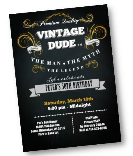 Vintage Dude Birthday Invitation for Men - 40th - 50th - 60th - 70th - ANY AGE - Black and Gold Birthday Party Invite