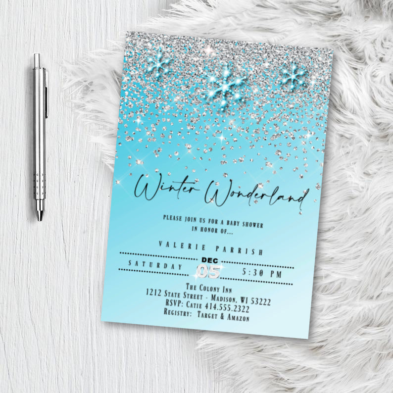 Winter Wonderland Snowflake Baby Shower Invitation for boy or girl, pink or blue and silver glitter invites