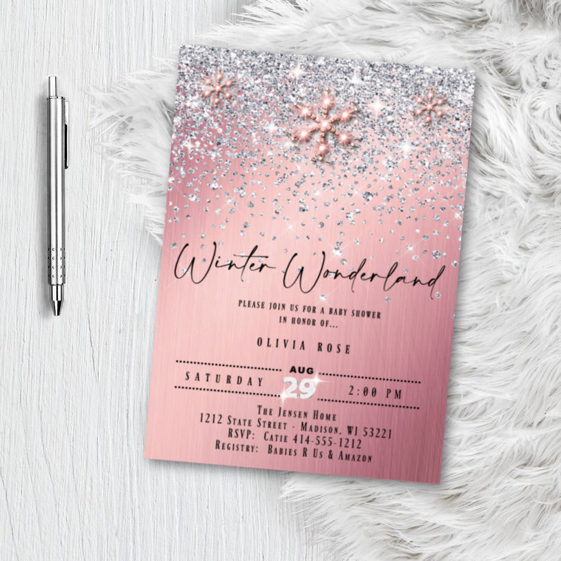 Winter Wonderland Snowflake Baby Shower Invitation for boy or girl, pink or blue and silver glitter invites