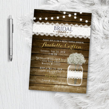 Babies Breath Bridal Shower Invitation - Rustic Printed or Printable Rustic Mason Jar Bridal Shower Invites