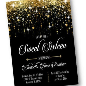 Black and Gold Sweet 16 Invitation - Sweet Sixteen or Sweet Fifteen Quinceanera invite - classic - elegant - 15 16 - ANY AGE! - Birthday