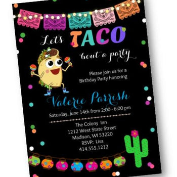 Black Colorful Taco Bout A Party - Birthday Fiesta Party Invitation - Invites for Taco Party - Birthday Invitation
