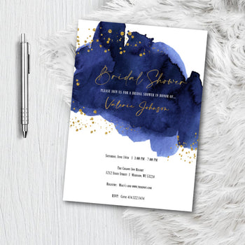Navy Blue and Gold Watercolor Bridal Shower Invitation - Printed or Printable - Hen Party Invite Wedding Bride Invitation Invites