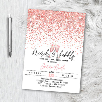 Rose Gold Bridal Shower Invitation, Glitter Confetti Pink Blush Sparkles Printed or Printable Wedding Invites
