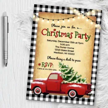 Buffalo Check Christmas Party Invitation with vintage truck with christmas tree - vintage holiday invites - printed or printable - Holiday