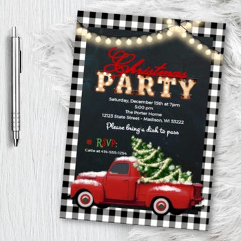 Buffalo Check Christmas Party Invitation with vintage truck with christmas tree - Buffalo Plaid Marquee Letter vintage holiday invites -