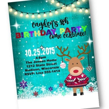 Christmas Birthday Party Invitation for Holiday Kids Party with Reindeer in Ugly Sweater Flyer - Holiday Invitation