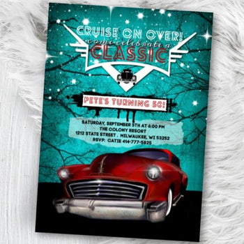 Classic Car Birthday Invitation - Hot Rod Birthday Invitation - Mens Rockabilly Low Rider 50s themed 40th 50th 60th 80th 70th party invite -