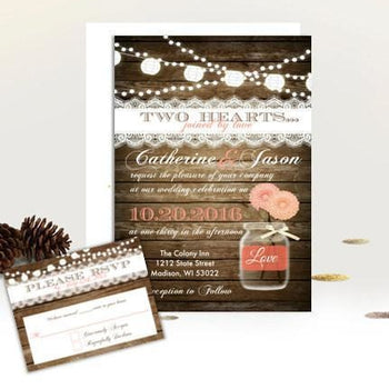 Coral Rustic Mason Jar Rustic Wedding Invitation with RSVP - Wedding Suite