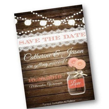 Coral Wood Rustic Mason Jar Wedding Save the Date Invitation Flyer - Save the Date