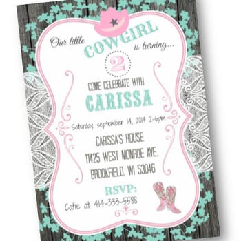 Cowgirl Birthday Party Invitation Flyer in Pink and Teal - Birthday Invitation