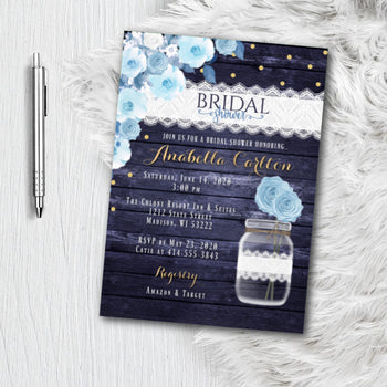 Dusty Blue Bridal Shower Invitation, Gold Navy Blue Rustic Floral, Wedding Shower invite, printed or printable, Dusty Blue and Navy Printed Invite