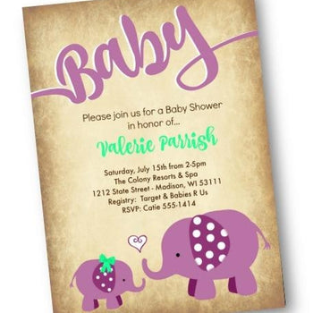 Elephant Baby Shower Invitation Flyer - Purple - Baby Shower Invitation