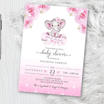 Elephant Baby Shower Invitation for Girl - Pink and Gray Floral watercolor woodland animal theme shower invites flyer - Printed or Printable
