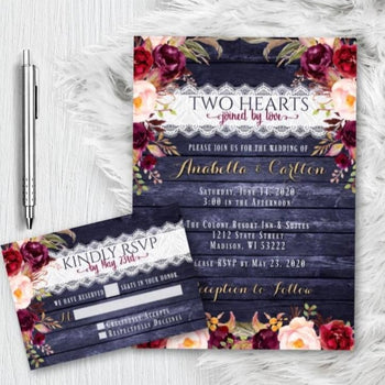Fall Wedding Invitation Set with RSVP Navy and Burgundy Floral Fall Wedding Invites Suite Gold Script Printed or Printable - Wedding Suite