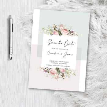 Modern Floral Save the Date Invitation Announcement Engagement card - blush pink - dusty rose - flower Invite