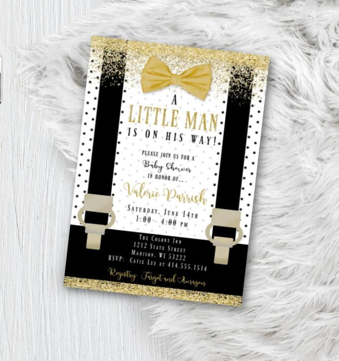 Gold Little Man Baby Shower Invitation Black and White with Gold baby shower Lil Man Boy Onesie Bowtie invite flyer for boys