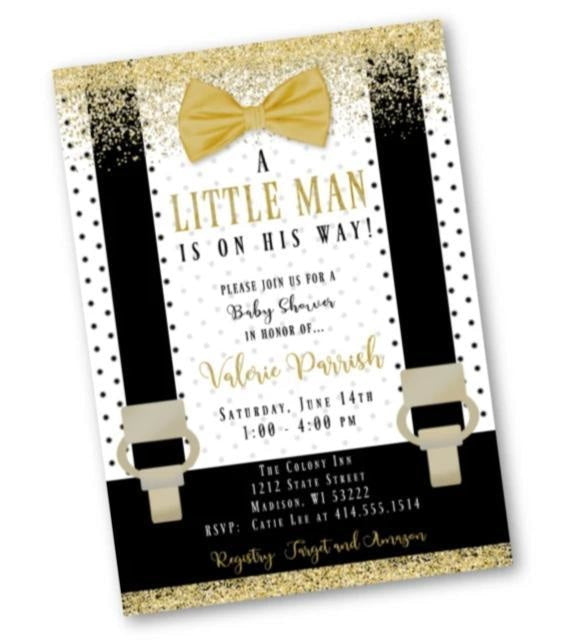 Gold Little Man Baby Shower Invitation Black and White with Gold baby shower Lil Man Boy Onesie Bowtie invite flyer for boys