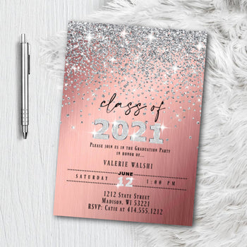 Rose Gold Graduation Invitation, 2020 Graduate Grad Invite Printed or Printable Option, Pink and Silver Glitter Sparkly Confetti Class of 2020 invitation