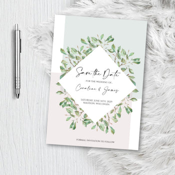 Greenery Botanical Save the Date Invitation Announcement Engagement card sage- blush pink - dusty rose -Invite