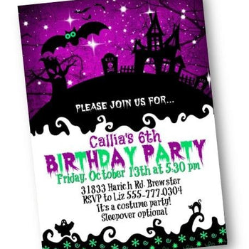Halloween Birthday Invitation Haunted House Birthday Party Flyer in purple and green - Holiday Invitation