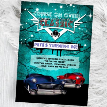 Hot Rod Birthday Invitation - Mens Classic Car Invite - Rockabilly Low Rider 50s themed 40th 50th 60th 80th 70th party flyer auto classic -