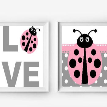 Ladybug Wall Art Prints - Set of 2 - Girls Bedroom Pictures