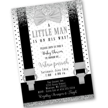 Little Man Baby Shower Invitation - Black and White with Silver baby shower Lil Man Boy Onesie Bowtie invite flyer for boys - Baby Shower