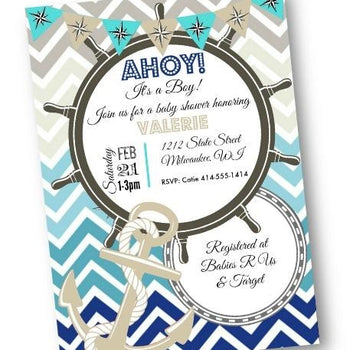 Nautical Baby Shower Invitation Flyer with Navy Blue and Teal Chevron - Baby Shower Invitation