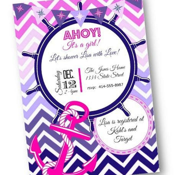 Nautical Baby Shower Invitation for Girl with Pink and Purple Anchor - Baby Shower Invitation