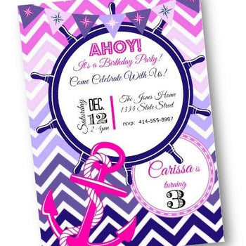 Nautical Birthday Party Invitation Flyer for Girl with Pink and Purple Anchor - Birthday Invitation