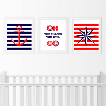Nautical Wall Art - 3 Piece Anchor Prints - Bedroom Pictures
