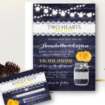 Navy and Yellow Wedding Invitation Set with RSVP Rustic Mason Jar Floral Wood and Lace Country Barn Printed Invitations - Wedding Suite