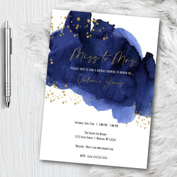 Navy Blue and Gold Watercolor Bridal Shower Invitation - Printed or Printable - Glitter Miss to Mrs. Invite Wedding Bride Invitation Invites