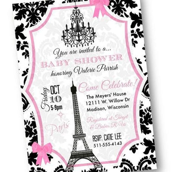 Paris Baby Shower Invitation with Eiffel Tower in pink and black - Baby Shower Invitation